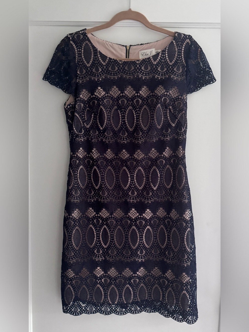 Eliza J navy blue Lace Sheath Dress with Blush Lining